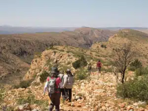 guided outback walk suits | Park Trek Group of hikers with backpacks walking along a rocky desert trail, canyon landscape in the distance.